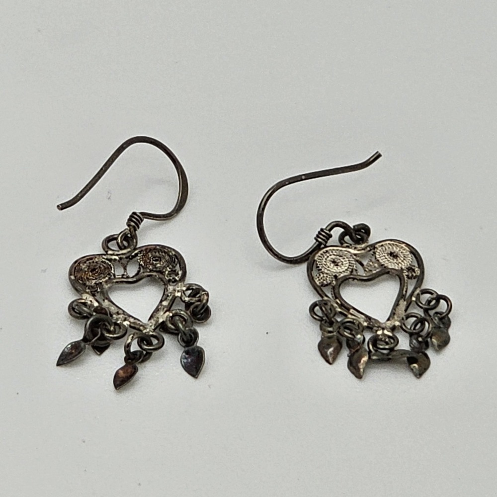 Vintage Heart Shaped Pierced Pendant 925 Sterling Silver Dangle Earrings
